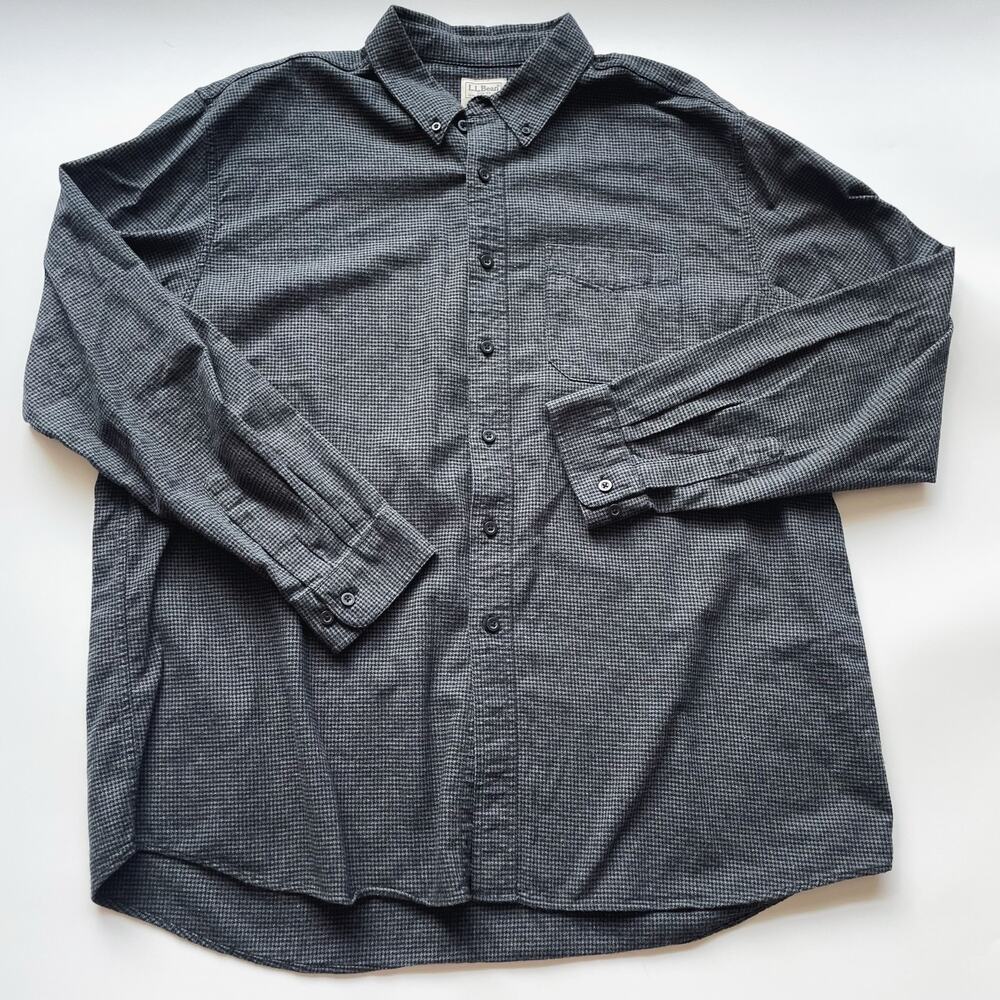 Men's L.L. Bean Gray Houndstooth Checked Flannel Button Down Shirt Size XL